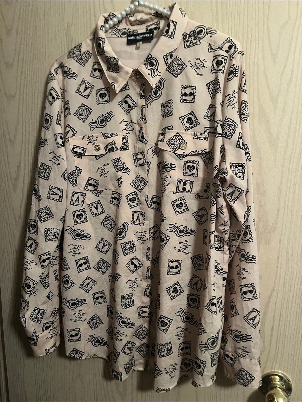 Karl Lagerfeld Beige Button-Down Shirt with Black Stamp Print